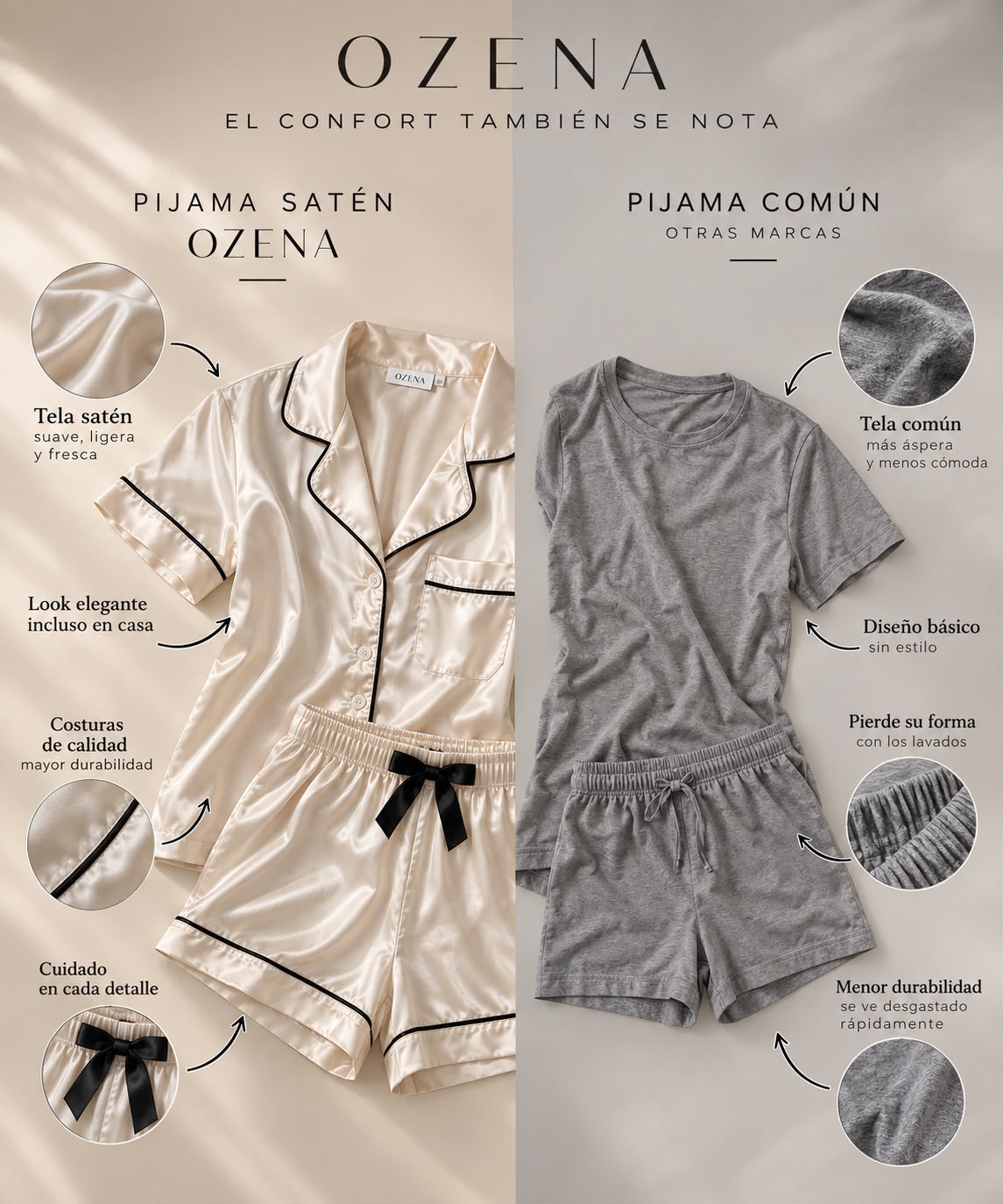 Comparativa: pijama de satén Ozena frente a un pijama común